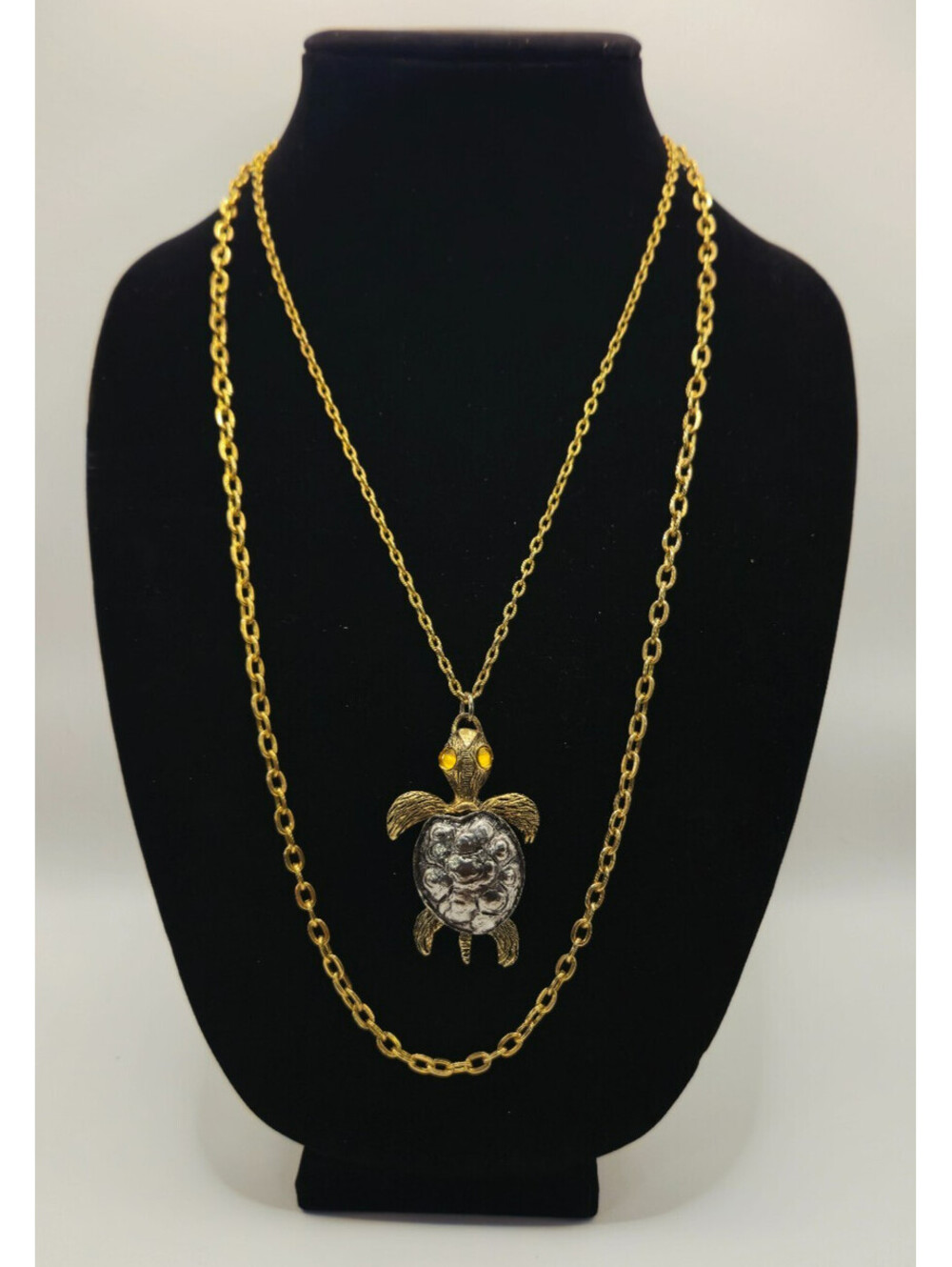 Vtg Articulated Turtle Pendant Gold/Silver Tone Shell Amber Eyes